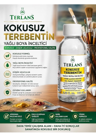 Kokusuz Terebentin 100 Ml Yağlı Boya İnceltici Kokusuz, Düşük Uçuculu Profesyonel Resim Malzemesi Ve Atölye Kullanımı İçin