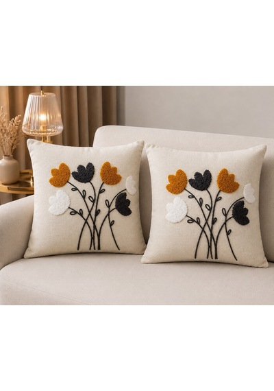 2 Li Punch İşleme Kırlent Kılıfı Fermuarlı 45x45 Cm Krem