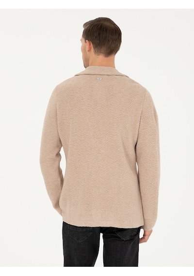 Cacharel Kahverengi Slim Fit Düğmeli Ceket Yaka Triko Hırka Taba