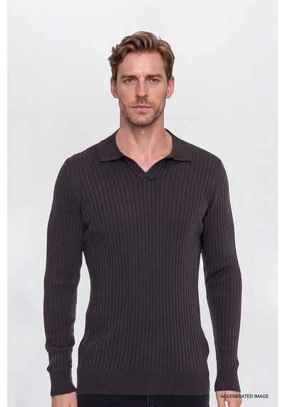 Ac&Co / Altınyıldız Classics Erkek Kahverengı Standart Fit Normal Kesim Polo Yaka Jakarlı Triko Kazak Kahverengi