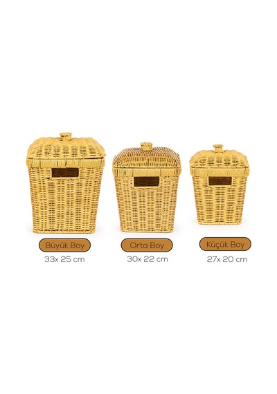 Porsima Pbt-919-2 3lü Hasır Sepet Kapaklı Bambu Sepet Seti Dekoratif Banyo Mutfak Düzenleyici Patates Soğan Sepeti Organizeri Ahşap
