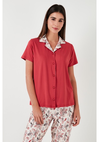 Lela Regular Fit Gömlek Yaka Kısa Kollu Bayan Pijama Takımı 65730101 Kırmızı
