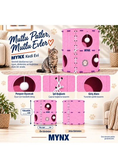 İki Katlı Geniş Keçe Kedi Evi Pembe