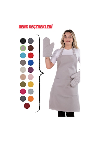 Simple 3lü Set Ayar Askılı Cepli Mutfak Önlüğü Seti 2 Eldiven Şef Garson Kafe Aşçı Barista Açık Gri