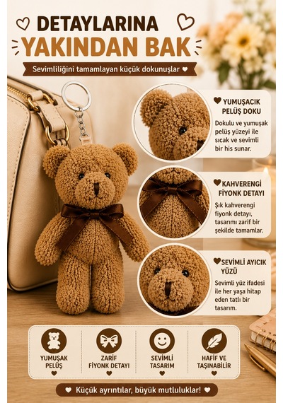 1 Adet Kahverengi Peluş Ayıcık Anahtarlık 15x8 Cm Çanta Sırt Çantası Anahtar Aksesuar Sevimli Fiyonk