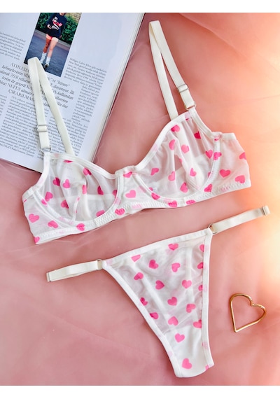 Arinda Lovely Pembe Kalp Desenli Tül Balenli Balenli Kapsız Nefes Alabilen Rahat Sütyen Tanga Alt Üst İç Çamaşırı Takımı 2 Parça Pembe - Ekru Arinda Lovely Pembe Kalp Desenli Tül Balenli Balenli Kapsız Nefes Alabilen Rahat Sütyen Tanga Alt Üst İç Çamaşırı Takımı 2 Parça Pembe - Ekru