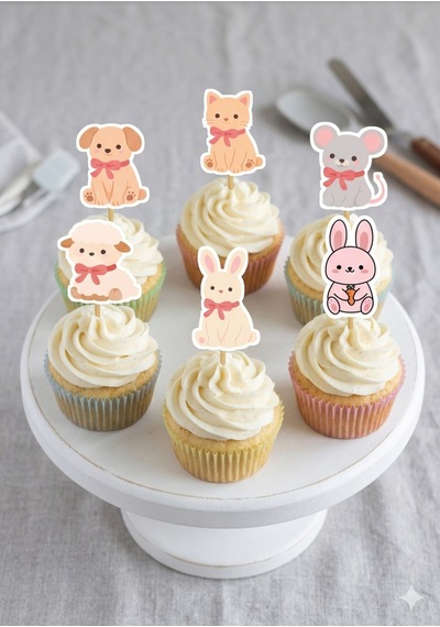 12li Sevimli Hayvanlar Cupcake Kürdan Süsü