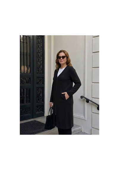 Onno Style Women V Yaka Çelik Örgü Uzun Triko Ceket Siyah