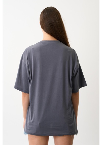 Geniş Kalıp Bisiklet Yaka Baskılı Kısa Kollu T-shirt Antrasit