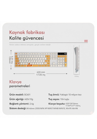 Kablosuz Klavye Mouse Seti Kedi Temalı Sessiz Turuncu Beyaz Retro Tablet Laptop Pc Uyumlu Optik