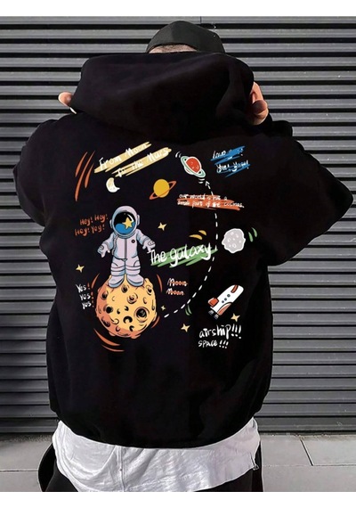 Altamira Erkek Siyah Sırt Uzay Baskılı Oversize Kapşonlu Sweatshirt 001