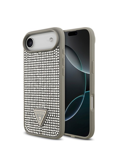 Apple Uyumlu iPhone 17 Air Kılıf Guess Lisanslı Taşlı Arka Yüzey Üçgen Logolu Kapak Gümüş