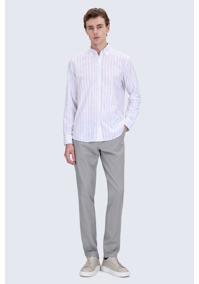 Hatemoğlu Vizon Comfort Fit Çizgili Düğmeli Yaka 100% Pamuk Uzun Kollu Casual Gömlek