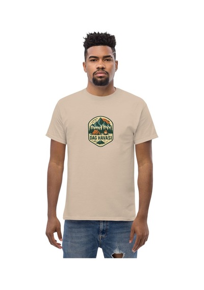 Wildstyle Dağ Havası Renkli Vintage Dağ Doğa Kamp Rozet Baskılı Unisex Bisiklet Yaka Pamuklu Tişört Camel