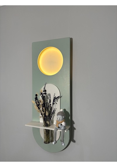 Mimoza Dekoratif Duvar Rafı Led Işıklı Ahşap İskandinav Tarzı Modern Salon Duvar Rafı Çiçeklik 30x80 Cm Yeşil - Paris Grisi