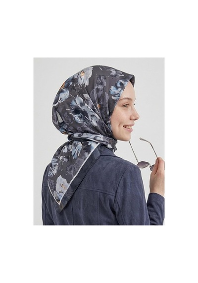 Bushu Çiçek Ve Desenli Twill Eşarp İndigo