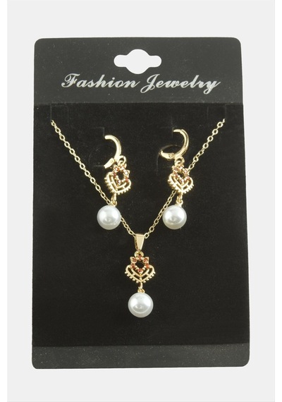 - 597 - İnci Zirkon Taşlı - Csmo-tex - Set Kolye-kırmızı Çok renkli