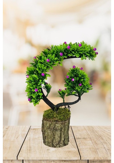 Yapay Çiçek Bonsai Ağacı Kütük Saksıda Lila Tomurcuklu Hilal Model Dekoratif Yapay Ağaç Bonzai 30 20 Cm