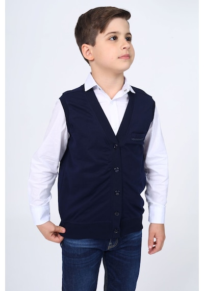 Toontoy Kids Toontoy Erkek Çocuk V Yaka Düğmeli Peto Cep Detaylı Örme Yelek Lacivert
