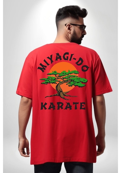 Miyagi-do Karete Çocuk Logo Dizi Bonzai Ağaç Kırmızı Oversize Unisex Ön Ve Sırt Baskılı Tişört Kırmızı