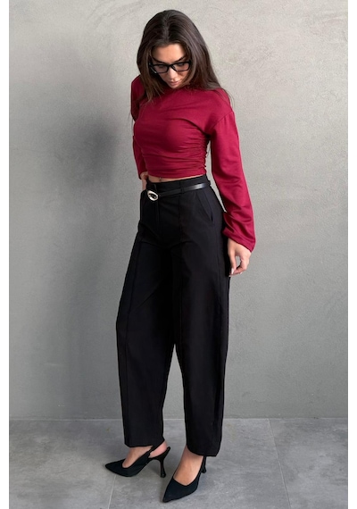 Madmext Siyah Modern Kesim Kemerli Yüksek Bel Bol Paça Kumaş Pantolon Mg2618 siyah