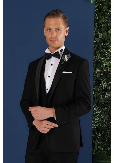 Efor Black 069 Slim Fit Yelekli Çıkarılabilir Saten Yaka Çift Yırtmaçlı Siyah Damatlık Smokin Takım Siyah Efor Black 069 Slim Fit Yelekli Çıkarılabilir Saten Yaka Çift Yırtmaçlı Siyah Damatlık Smokin Takım Siyah