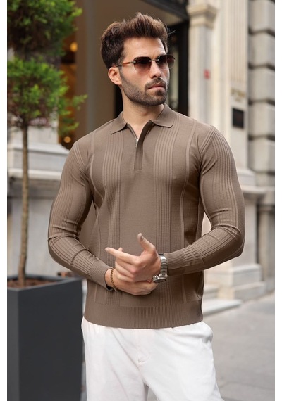Madmext Açık Kahve Polo Yaka Slim Fit Erkek Triko Kazak E7527 Açık Kahverengi