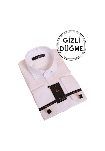 Dicotto Beyaz Gizli Düğmeli Damatlık Ata Yaka Kol Düğmeli Slim Fit Smokin Gömlek - 001 001