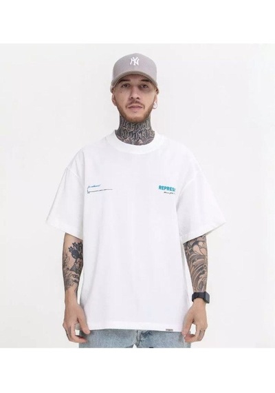 Flood Of Style Erkek Beyaz Represent Baskılı Bisiklet Yaka Tshirt Mavi