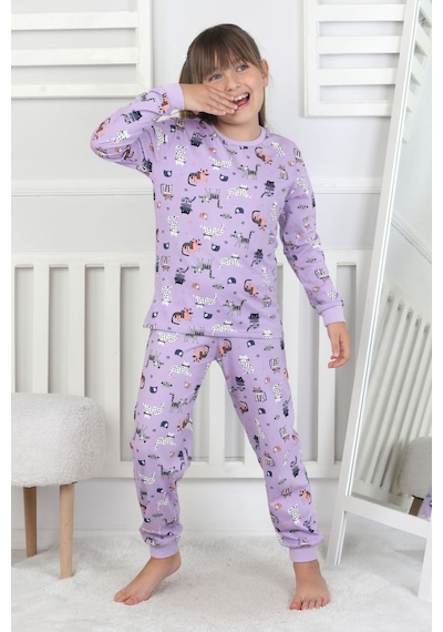 Uzun Kollu Cute Cat Desenli Kız Çocuk Pijama Takımı Mor