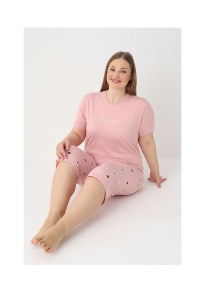 Estiva Kadın Kalp Alt Desenli Pembe Kısa Kollu Kaprili Soft Battal Pijama Takımı Çok renkli