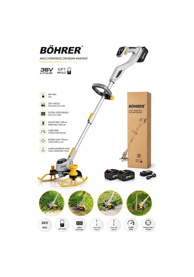 Böhrer Ba011346 Çift Akülü 36v 4 Amper Dijital Göstergeli Kömürsüz Profesyonel Çim Biçme Makinesi