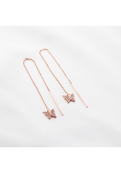 Kelebek Zirkon Taşlı Rose Gold Kaplama Gümüş Zincir Küpe Gümüş
