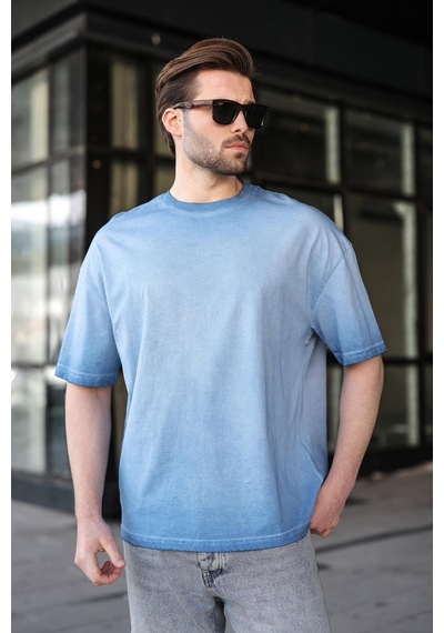 Madmext İndigo %100 Pamuklu Bisiklet Yaka Oversize Erkek Tişört E7177 İndigo