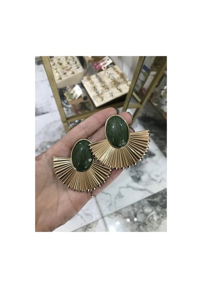 Yeşil Sim Detaylı Yelpaze Model Küpe Altın