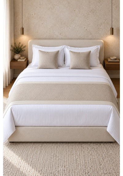 Varol 70x250 Yatak Şalı Runner Ve 2 Adet 45x45 Kırlent Seti Otel Konsept Lüx Dekoratif Set Krem