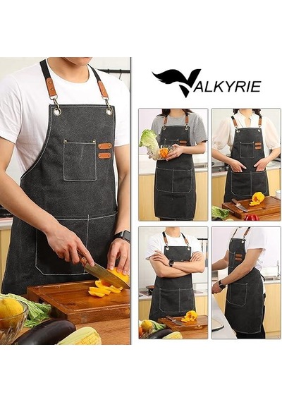 Valkyrie Unisex Kanvas Mutfak Önlüğü Ayarlanabilir Askılı Cepli Barista Garson Servis Önlüğü Siyah