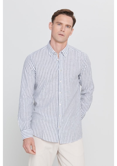 AC&Co / Altınyıldız Classics Erkek Beyaz Hakı Slim Fit Dar Kesim Düğmeli Yaka Çizgili Keten Gömlek Beyaz Hakı