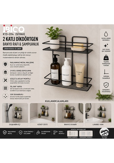 İbico K13-014 Banyo Köşelik Duşakabin Rafı Ve Şampuanlık 2 Katlı Dikdörtgen - Siyah Metal- 12'li Paket Diğer