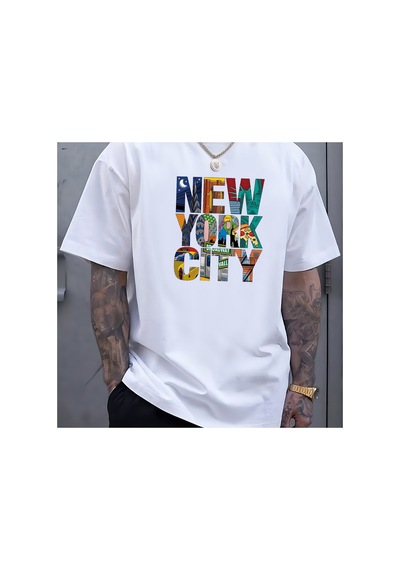 Caddemia Yaz Rahat Rahat Gevşek Artı Boyutu New York Şehir Baskılı Spor Yuvarlak Bo Beyaz 2XL