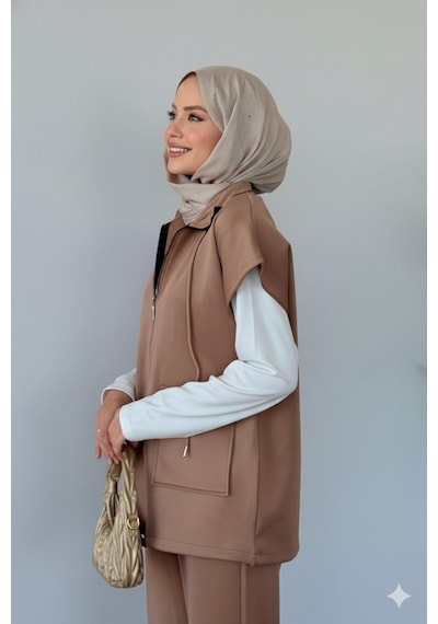 Unika Boutique Kadın Yelek Pantolon İkili Tesettür Takım Scuba Rahat Kesim 4 Mevsim - Günlük Vizon