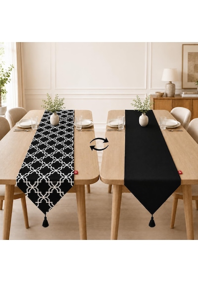 Tr Tek Runner İki Farklı Yüz, Çift Taraflı Kullanım 45 X 150 Cm, Desenli Ve Düz İki Yüzlü Runner, Püsküllü Diğer