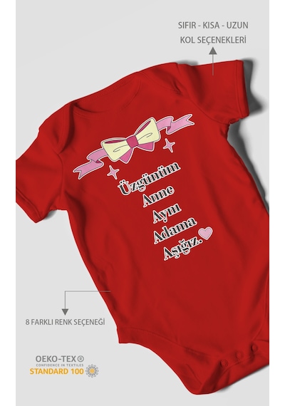 Üzgünüm Anne Aynı Adama Aşığız Baskılı Bebek Zıbını Çıtçıtlı Body %100 Pamuk Kısa Kol Kırmızı