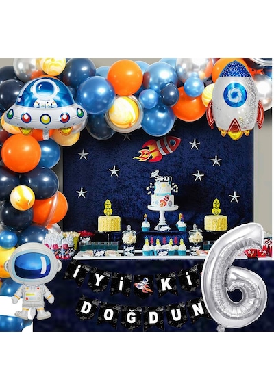 Uzay Temalı Doğum Günü Seti 6 Yaş ; 4 Adet Folyo Balon, 60 Adet Lateks Balon, Banner, Balon Zinciri ve Balon Bandı