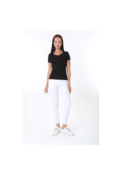 Rooted-kadın Basic V Yaka T-shirt ,fitilli Kaşkorse Kumaş Bluz SIYAH