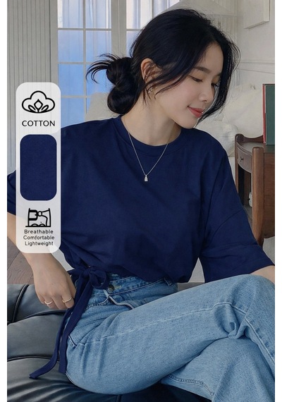 Kadın Oversize Basic Haki Tişört Yan Bağlamalı Rahat Kesim Günlük Yazlık T-shirt Lacivert