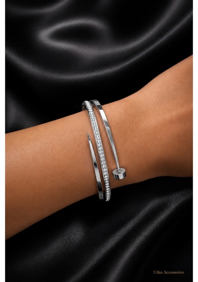 Stainless Steel Gümüş Taşlı Kelepçeli Çelik Bileklik