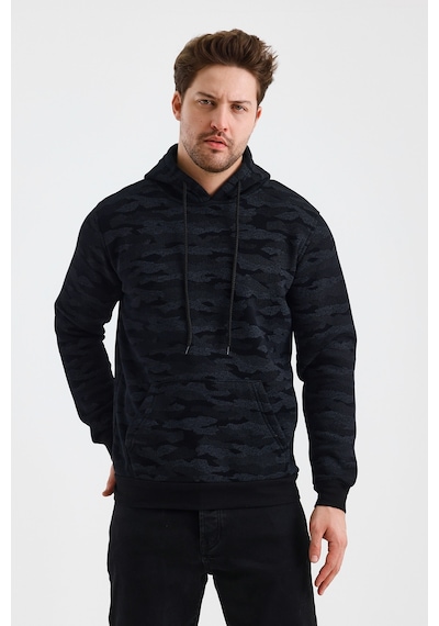 Monox Erkek Kapşonlu Kamuflaj Baskılı 3 İplik Sweatshirt Siyah