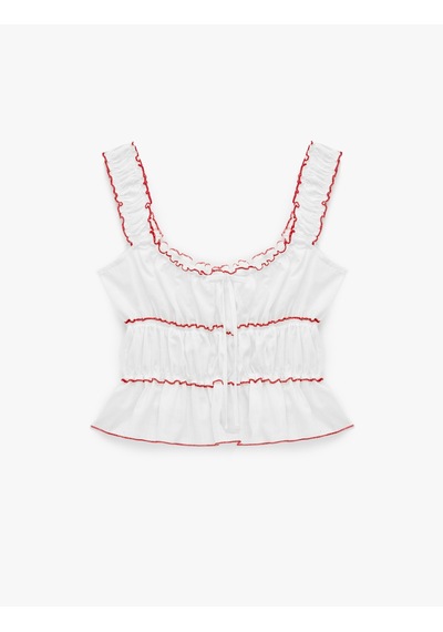 Koton Pamuklu Bağlama Detaylı Büzgülü Fırfırlı Biyeli Kolsuz Crop Bluz Beyaz 6sal60190ıw