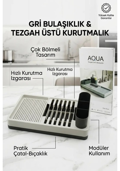 Drenajlı Gri Bulaşıklık Tezgah Üstü Tabak Bardak Kurutma Mutfak Düzenleyici Diğer